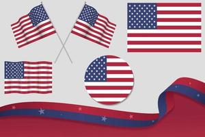 Set Of USA Flags In Different Designs, Icon, Flaying Flags With ribbon With Background. Free Vector