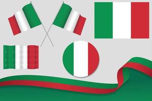 conjunto de banderas de italia en diferentes diseños, icono, banderas desolladas con cinta con fondo. vector libre
