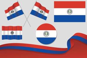 conjunto de banderas de paraguay en diferentes diseños, icono, banderas desolladas con cinta con fondo. vector libre