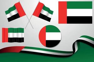 Set Of United Arab Emirates Flags In Different Designs, Icon, Flaying Flags With ribbon With Background. Free Vector