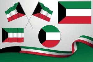 Set Of Kuwait Flags In Different Designs, Icon, Flaying Flags With ribbon With Background. Free Vector