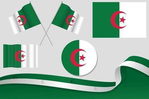Set Of Algeria Flags In Different Designs, Icon, Flaying Flags With ribbon With Background. Free Vector