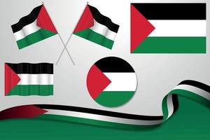 Set Of Palestine Flags In Different Designs, Icon, Flaying Flags With ribbon With Background. Free Vector