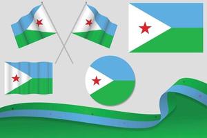 conjunto de banderas de djibouti en diferentes diseños, icono, banderas desolladas con cinta con fondo. vector libre