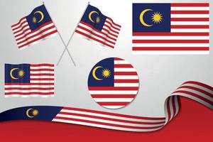 Set Of Malaysia Flags In Different Designs, Icon, Flaying Flags With ribbon With Background. Free Vector