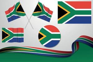 conjunto de banderas de sudáfrica en diferentes diseños, icono, banderas desolladas con cinta con fondo. vector libre