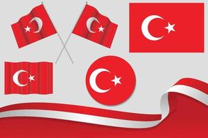 Set Of Turkey Flags In Different Designs, Icon, Flaying Flags With ribbon With Background. Free Vector