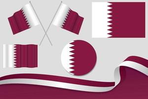 Set Of Qatar Flags In Different Designs, Icon, Flaying Flags With ribbon With Background. Free Vector