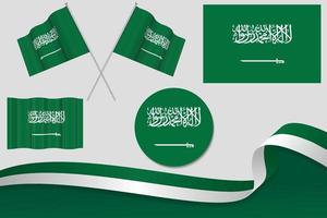 conjunto de banderas de arabia saudita en diferentes diseños, icono, banderas desolladas con cinta con fondo. vector libre