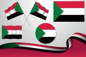 Set Of Sudan Flags In Different Designs, Icon, Flaying Flags With ribbon With Background. Free Vector