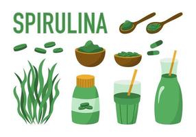 Set of vector elements spirulina alga. Spirulina powder, spirulina algae, pills, tablets, cocktails.