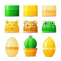 Set of Kitchen Timer - Cat, Bear, Frog, Cactus, Egg, Lemon. vector