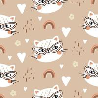 Cute kawaii cat faces in glasses cartoon character animal seamless pattern for kids vector