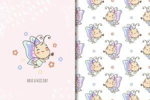 Cute cartoon character butterfly card and seamless pattern for kids vector