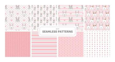 Set of seamless vector patterns. Pack of repeating geometric surface design ornaments. Rabbits and simple shapes. Cute animal character for cards, promotion banners, printing on paper and fabric.