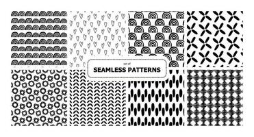 Set of vector seamless patterns. Surface design repeating tile. Black and white. Doodle plane hand drawn strokes hearts flowers ornament. Background for cards, printing on paper and fabric.