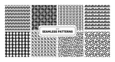 Set of vector seamless patterns. Surface design repeating tile. Black and white. Doodle plane hand drawn strokes hearts flowers ornament. Background for cards, printing on paper and fabric.