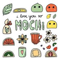 Vector set of elements. Japanese sweet food cake Cup for tea, fruits, leaf, bag, dessert, heart, flowers, ice cream Cute kawaii character icon of mochi. Lettering for cards, prints, social media