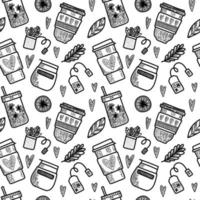 Vector seamless pattern. Outline Illustrations of reusable cups. Coffee and tea mugs for take away drinks. For advertising social media posts printing on paper and fabric.
