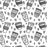 Vector seamless pattern. Outline Illustrations of reusable cups. Coffee and tea mugs for take away drinks. For advertising social media posts printing on paper and fabric.