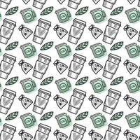Vector seamless pattern. Outline Illustrations of reusable cups. Coffee and tea mugs for take away drinks. For advertising social media posts printing on paper and fabric.
