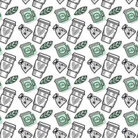 Vector seamless pattern. Outline Illustrations of reusable cups. Coffee and tea mugs for take away drinks. For advertising social media posts printing on paper and fabric.