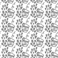 Vector seamless pattern. Outline Illustrations of reusable cups. Coffee and tea mugs for take away drinks. For advertising social media posts printing on paper and fabric.
