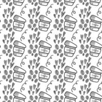 Vector seamless pattern. Outline Illustrations of reusable cups. Coffee and tea mugs for take away drinks. For advertising social media posts printing on paper and fabric.