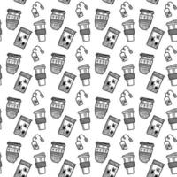 Vector seamless pattern. Outline Illustrations of reusable cups. Coffee and tea mugs for take away drinks. For advertising social media posts printing on paper and fabric.