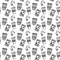 Vector seamless pattern. Outline Illustrations of reusable cups. Coffee and tea mugs for take away drinks. For advertising social media posts printing on paper and fabric.