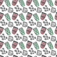 Vector seamless pattern. Outline Illustrations of reusable cups. Coffee and tea mugs for take away drinks. For advertising social media posts printing on paper and fabric.