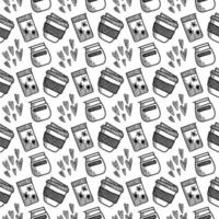 Vector seamless pattern. Outline Illustrations of reusable cups. Coffee and tea mugs for take away drinks. For advertising social media posts printing on paper and fabric.