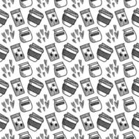 Vector seamless pattern. Outline Illustrations of reusable cups. Coffee and tea mugs for take away drinks. For advertising social media posts printing on paper and fabric.