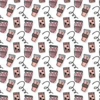 Vector seamless pattern. Outline Illustrations of reusable cups. Coffee and tea mugs for take away drinks. For advertising social media posts printing on paper and fabric.