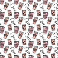 Vector seamless pattern. Outline Illustrations of reusable cups. Coffee and tea mugs for take away drinks. For advertising social media posts printing on paper and fabric.