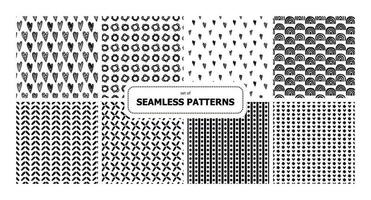 Set of vector seamless patterns. Surface design repeating tile. Black and white. Doodle plane hand drawn strokes hearts flowers ornament. Background for cards, printing on paper and fabric.