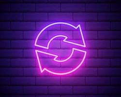 Glowing neon line Refresh icon isolated on brick wall background. Reload symbol. Rotation arrows in a circle sign. Vector Illustration