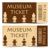 Ticket to access the historical museum with exhibits on the podium. Flat vector illustration of tear-off or detachable museum ticket. Museum entrance ticket pattern or blank.