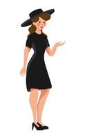 Stylishly dressed young woman in black dress and big hat - Vector