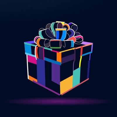 Abstract gift box with bow from multicolored paints. Colored drawing. Vector illustration of paints