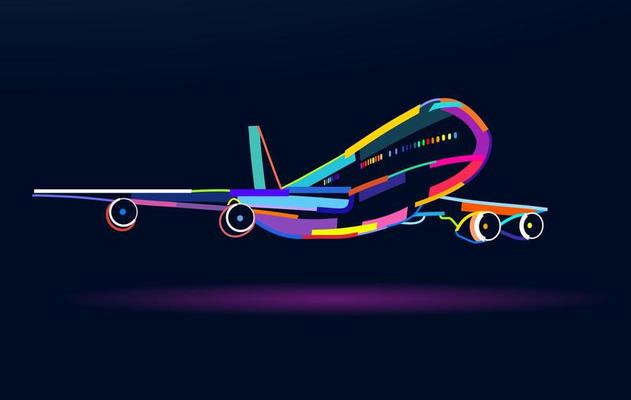 Abstract airplane, passenger plane, commercial aircraft from multicolored paints. Colored drawing. Vector illustration of paints