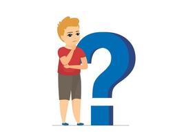 Indecisive boy standing near large blue question mark on white background. Concept of getting knowledge by thoughtful young male. Ask questions and look for answers concept. Vector eps illustration