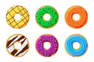 Appetizing colorful tasty donut set isolated on white background. Glazed doughnuts top view collection for cake cafe decoration or menu design. Delicious sweet bakery. Vector flat eps illustration