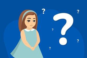 Indecisive girl standing near large question mark on blue background. Concept of getting knowledge by thoughtful young female. Ask questions and look for answers concept. Vector eps illustration