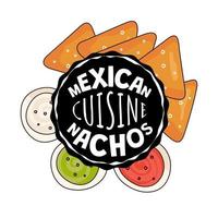 Mexican nachos sign. Mexico fast food eatery, cafe or restaurant advertising banner. Latin american cuisine nacho flyer. Traditional snack and guacamole, salsa, cheese sauce vector eps illustration