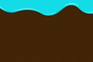 Light blue ice cream or yogurt melt and flow on chocolate waffle surface. Glazed wafer texture sweet cake background with space for your text. Vector illustration