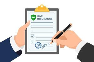 Businessman signing car insurance policy. Contract for guarantee of repairs in event of road accident, breakdown or auto crash. Law legal preparedness transport accident risk vector eps illustration