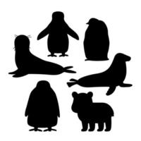 Set of black white silhouette vector Penguin, king penguin chick, fur seal, polar bear cub, small common seal. Isolated small cartoon cute sea and ocean shape animals for kids book, stickers or prints