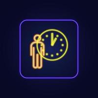 Stylish yellow neon icon in blue frame clock - Vector