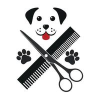 logotipo de peluquería canina. cabeza de perro con peine y tijeras vector